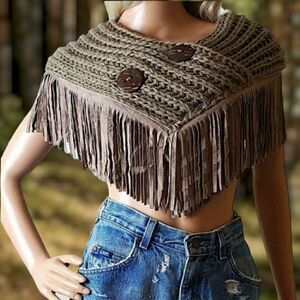 Code Knit Pull-Over Fringed Shoulder & Neck Wrap Warmer Poncho